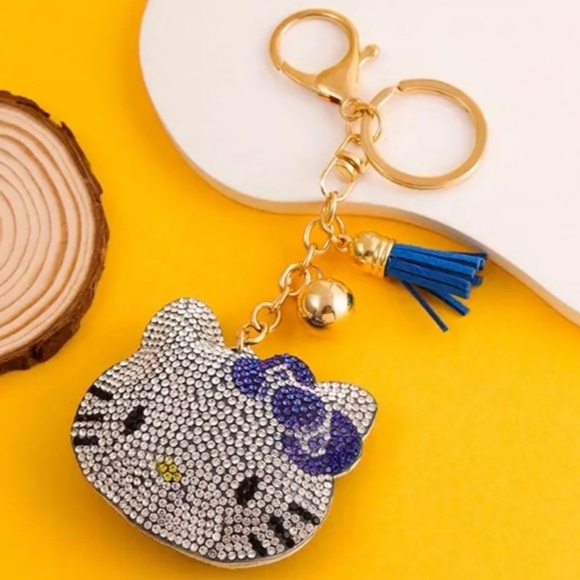 Hello Kitty Blue Bow Crystal Rhinestone Keychain Bag Charm With Tassel - Picture 1 of 11